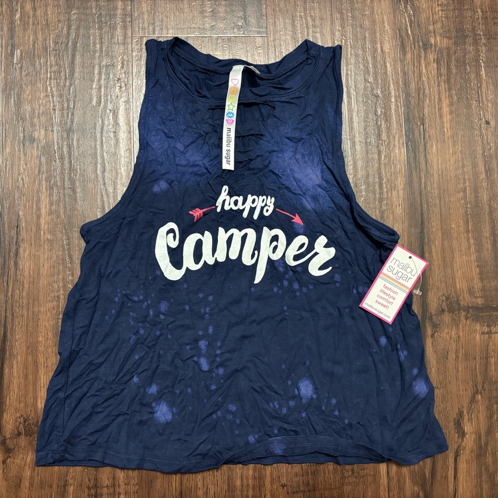 Malibu Sugar Navy Blue Happy Camper Kids Tank Top girls M